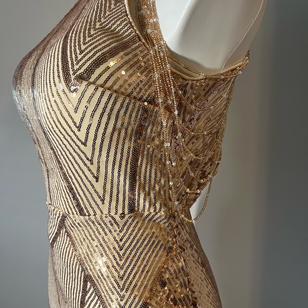 Gold Sequin Halter Gown Small Beaded Art Deco Formal Evening Dress Prom Military - Picture 6 of 6